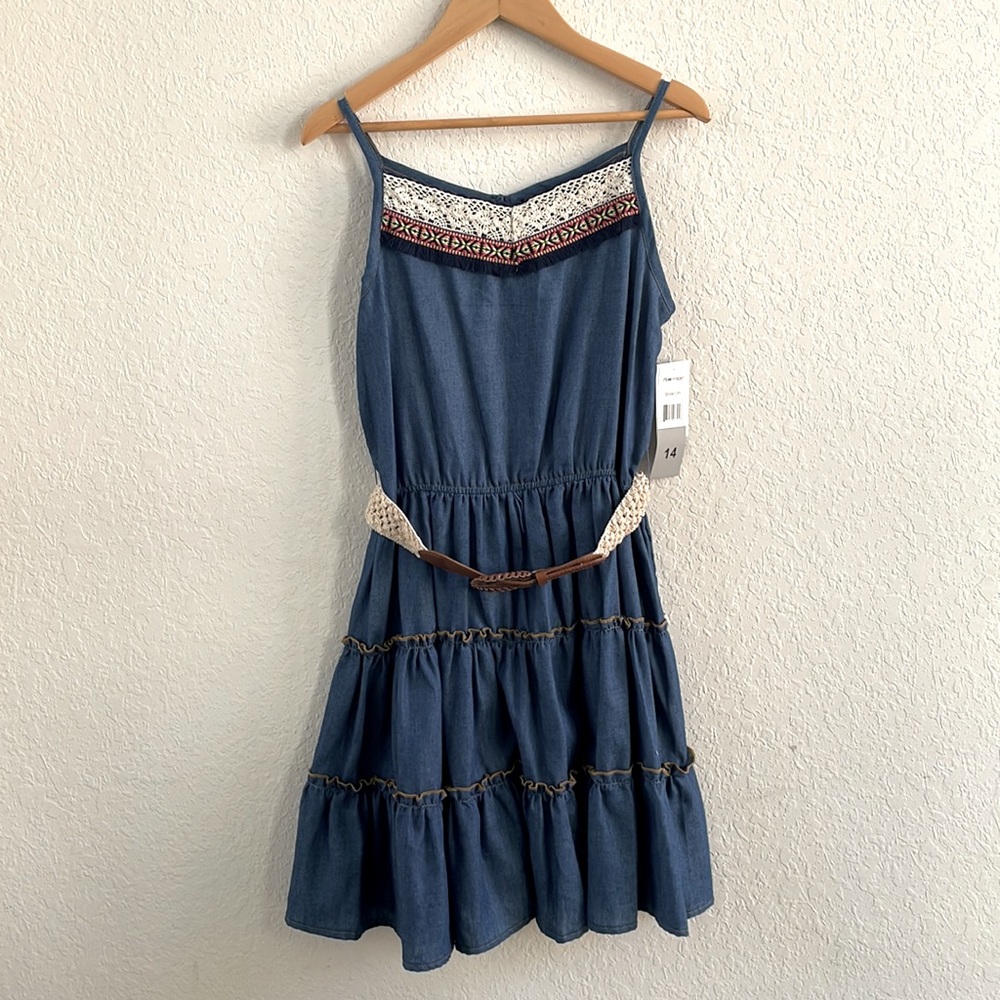 NWT {Zunnie} Embroidered Denim Dress with Belt